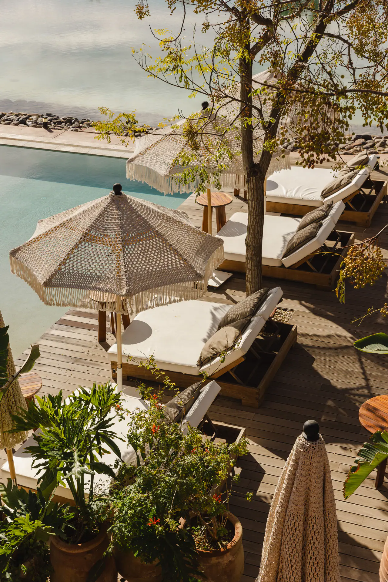 Terrasse en bois, transats et parasol au bord de la piscine